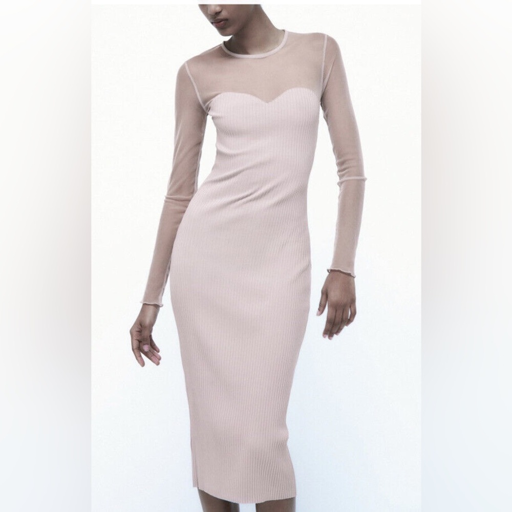Zara COMBINATION Tulle KNIT DRESS SHEER FABRIC Shoulder And Sleeves Size L